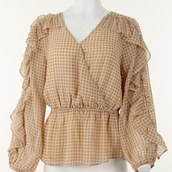 Calvin Klein Printed Ruffled Faux-Wrap Top - Sand Combo - Picture 2 of 5